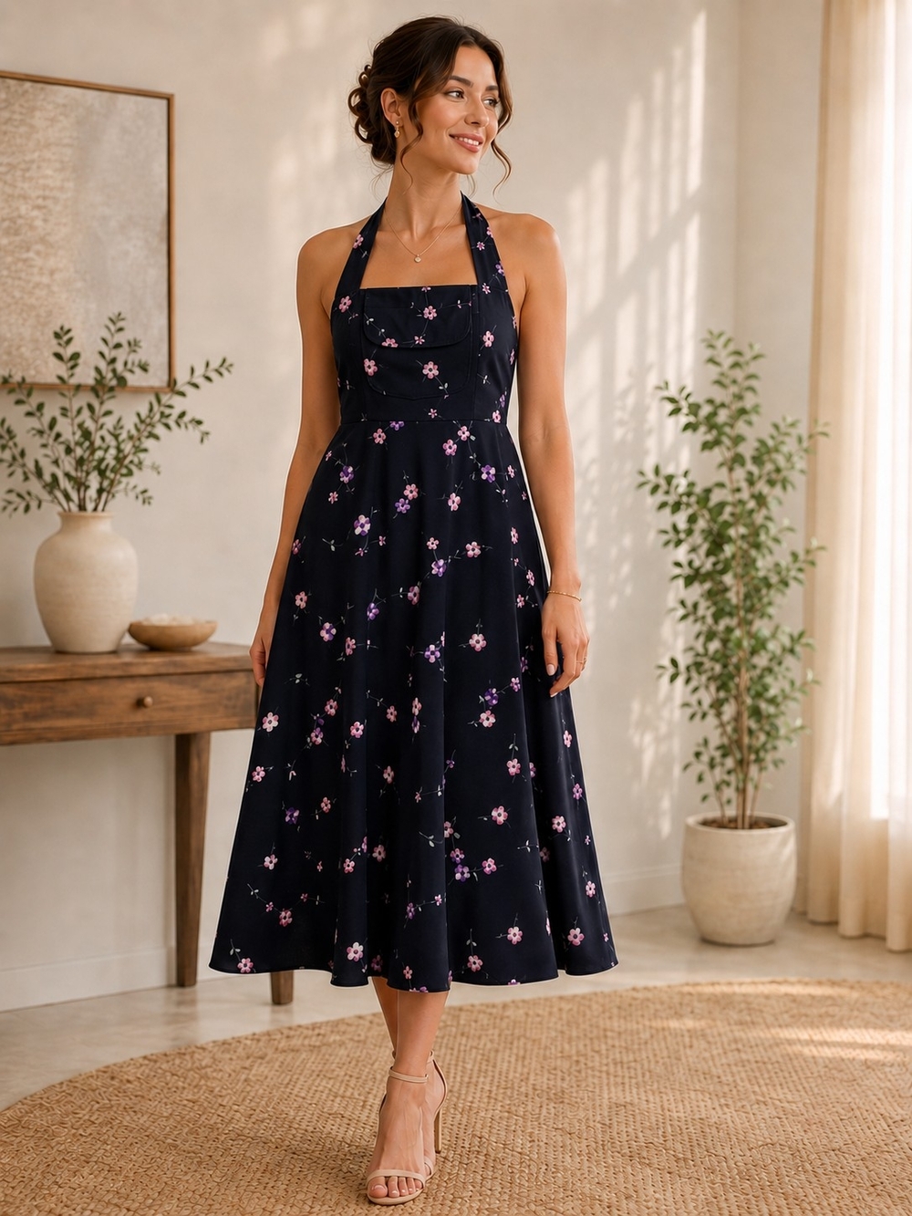 Sleeveless Halter Midi Dress in Navy with Pink Floral Print